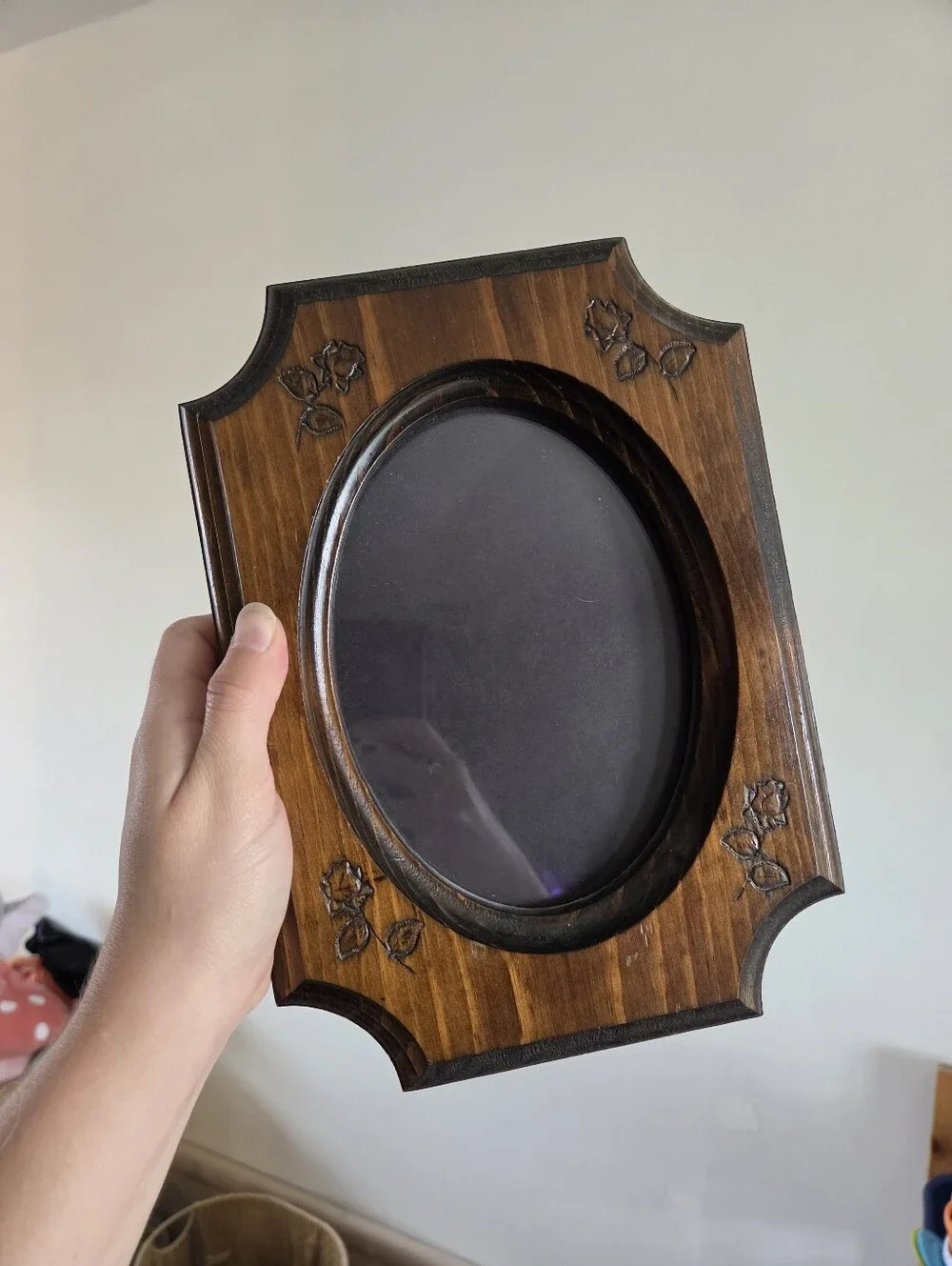 Vintage Wood Picture Frame Oval Insert Rustic Farmhouse Floral Etched Wood Frame